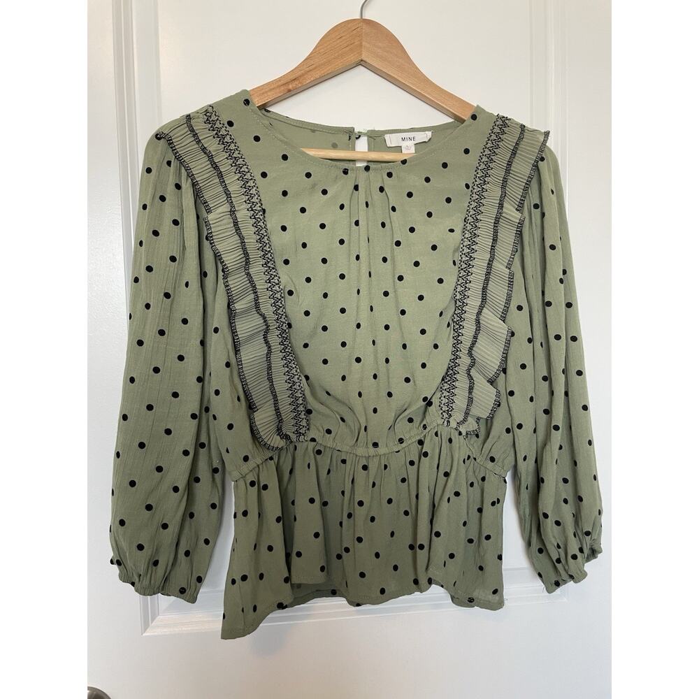 MINE Size Large Green Floral Romantic Polkadot Ruffle Neckline Peplum Waist